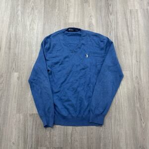 Vintage Polo Ralph Lauren Sweater Men's Medium Blue Pima Cotton Preppy V-Neck